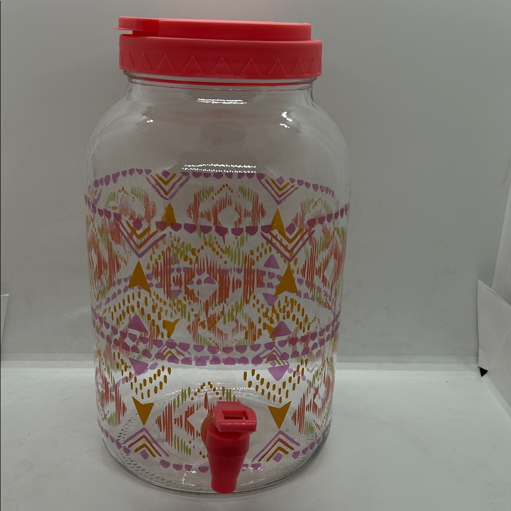 Vintage Colorful Glass Gallon Dispenser Sun Tea  Jar:Rosy Geometric Design